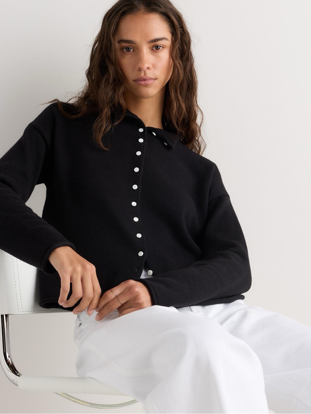 Quince Cotton Cashmere Roll Neck Cardigan - Black, M